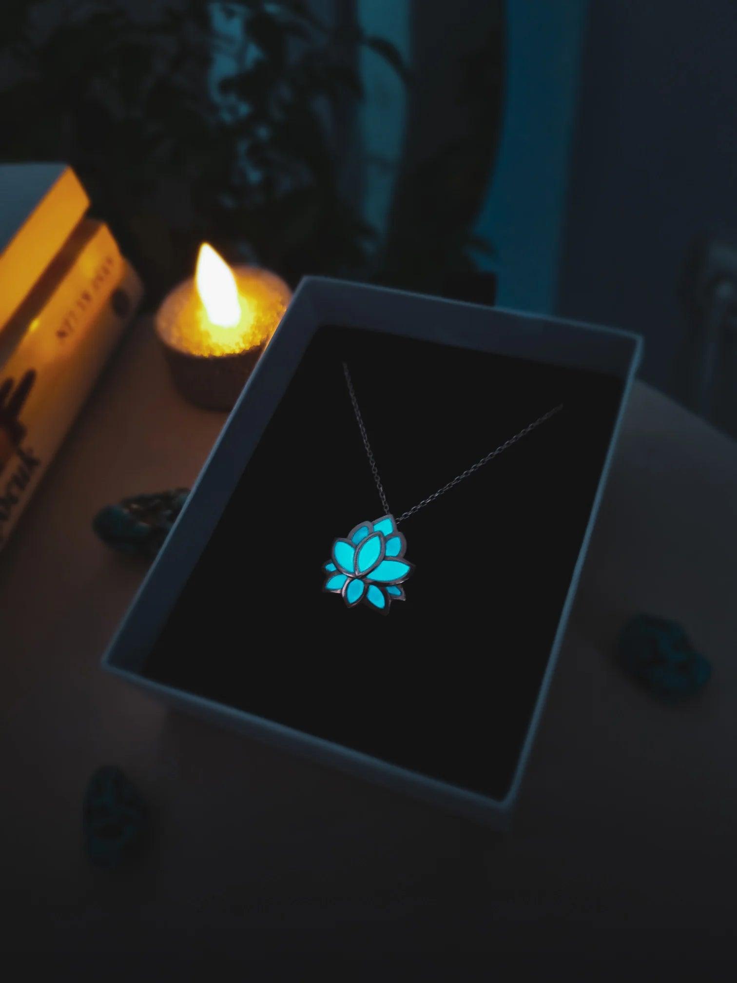 Night Glowing Lotus Necklace 925 Sterling Silver - Phosira Jewelry