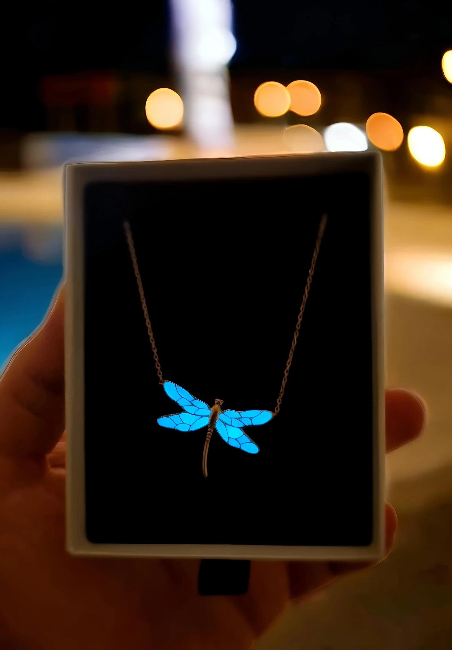Night Glowing Dragonfly Necklace 925 Sterling Silver - Phosira Jewelry